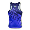 A women's performance singlet in navy blue with vibrant abstract patterns and a logo on the back.