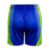 Custom women's sports shorts in bright blue with green accents and a subtle striped design. Features an elastic waistband.