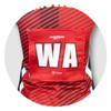 A red netball bib featuring bold stripes and a pocket for a number, with a logo present.