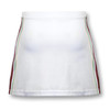 A white women's tennis skirt featuring coloured stripes on the sides and a logo.