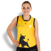 A yellow women's AFL top featuring a bull graphic and a logo, with a sporty design and black accents.