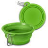 A green silicone collapsible pet bowl with a carabiner clip, displaying its expanded and folded forms.