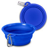 A blue silicone collapsible pet bowl with a carabiner for easy attachment. The bowl can be folded flat for storage.