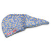 A blue hair towel with a floral pattern, featuring daisies in white and yellow, and a logo.