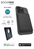 A black magnetic phone wallet with a built-in tracker, designed for Apple and Android devices. It has a logo.