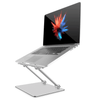 A silver laptop stand with adjustable arms holding a laptop, positioned on a flat base.