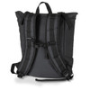 A black cooler toting bag featuring adjustable shoulder straps and a sleek design, complemented by a logo.