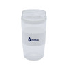 A reusable coffee cup in clear and white, featuring a logo and a cylindrical shape.