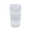 A reusable coffee cup in clear and white, featuring a textured band and a lid. Includes a logo.