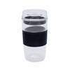 A reusable coffee cup in clear and black, featuring a silicone grip and a lid. It has a 354mL capacity.