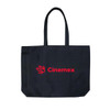 A large black tote bag featuring handles and a logo. Ideal for carrying various items.