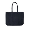A large black tote bag with two handles and a simple design. Features a logo.