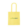 A yellow recycled cotton tote bag with handles and a logo on the front.