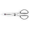 Kitchen scissors in white with grey handles, featuring a logo. Designed with a magnetic holder for easy storage.
