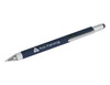 A navy blue stylus pen with a silver clip and a branding logo on the barrel. It features a pen tip and a stylus tip.