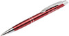 A red metal pen with a silver clip and embossed branding. It features a ribbed grip for comfort.