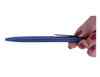 A blue metal pen held between fingers, featuring a clip and a sleek design. There is a branding logo present.