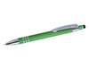 A green stylus pen with a silver clip and accents, featuring a black stylus tip at the end.