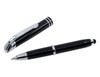 A black stylus pen with a silver clip and accents, featuring a writing tip and a stylus end.