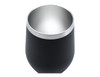 A black double wall travel mug with a stainless steel interior and a smooth finish, featuring a metal rim.