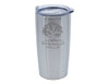 A double wall travel mug in stainless steel with a clear lid and a logo design.