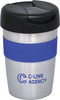 A double wall travel mug featuring a stainless-steel body, blue silicone grip, and black lid. It has a logo.