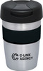 A double wall travel mug in stainless steel with a black silicone grip and lid, featuring a logo.