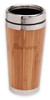 A bamboo travel mug with a stainless steel rim, featuring a logo. The mug has a natural wood finish.