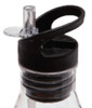 A drink bottle with a transparent body and a black lid, featuring a straw and a handle for easy carrying.