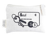 A cream pouch with a zipper featuring illustrations of keys, a card, and coins. It includes a logo.