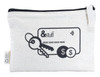 A white pouch featuring a graphic of a key and a card, with a black zipper and branding label.