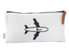 A white toiletry pouch with a black airplane design and a brown zip pull. It features a logo on one side.