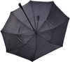 A black auto golf umbrella with a sturdy design and a curved handle. It features a logo on the canopy.