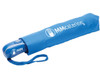 A blue auto open/close umbrella with a matching protective cover and a logo.