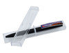 A transparent pen display box containing a black pen and featuring a logo.