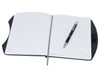 A black rPET A5 notebook with lined pages and a silver pen resting on it. The notebook features a logo.