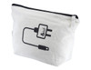A white tech pouch with a zipper and graphics of a plug and cable; it includes a logo.