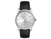 A men's casual dress watch featuring a silver dial and black leather strap, with a logo on the face.