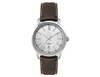 A silver ladies casual dress watch with a brown leather strap and a minimalist face design. It features a logo.