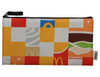 A colourful pouch featuring various block patterns, including iconic food motifs and a logo, with a black zipper.