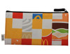 A zippered pouch featuring a colourful design with various food-themed graphics. It includes a logo.
