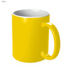 A yellow coffee mug with a glossy finish and a white interior, featuring a handle and a branding logo.