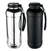 A drink bottle in stainless steel and black finishes, featuring a secure lid and a carrying strap.