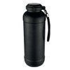 A drink bottle in matte black featuring a screw-top lid and a carrying strap. It has a logo on the side.