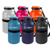 A drink bottle collection featuring six vacuum flasks in grey, orange, pink, blue, purple, and black, each with a logo.
