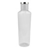 A drink bottle in transparent plastic with a silver-coloured cap and a simple, unadorned design.