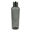 A drink bottle featuring a translucent grey body and a silver screw-on lid, with a logo on the side.