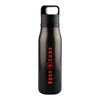 A drink bottle in a sleek black finish with a logo and a sturdy carrying lid.