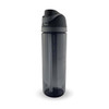A drink bottle with a transparent grey body and a black lid featuring a straw and a logo.