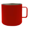A red stainless steel coffee cup with a handle and a sleek design. It features a logo on the surface.